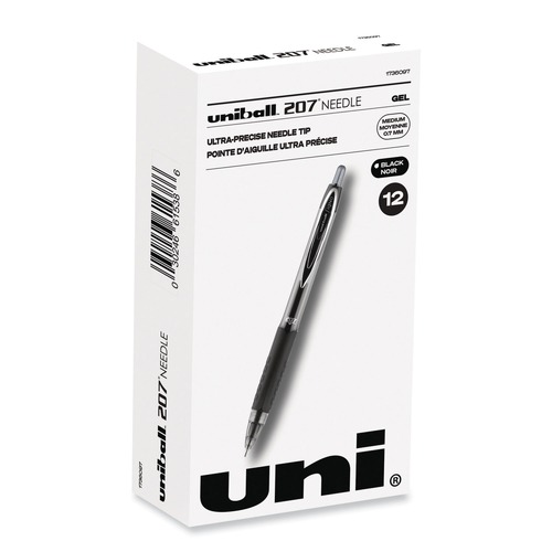 Pens | uni-ball 1736097 Signo 207 Medium 0.7 millimeter Retractable Needle Point Gel Pen - Black Ink/Clear/Black Barrel (1-Dozen) image number 0