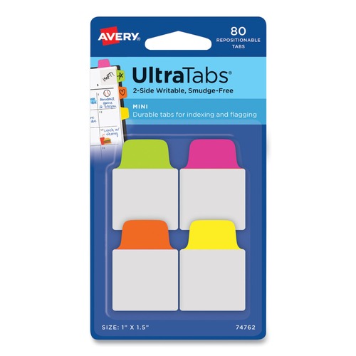 Bulk Savings Pricing 2 | Avery 74762 1 in. x 1.5 in. 1/5-Cut Ultra Tabs Repositionable Tabs - Assorted Neon Colors (80/Pack) image number 0