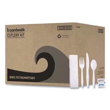Boardwalk Mediumweight Fork/Knife/Napkin/Pepper/Salt/Spoon 6-Piece Plastic Cutlery Kit - White (250/Carton)