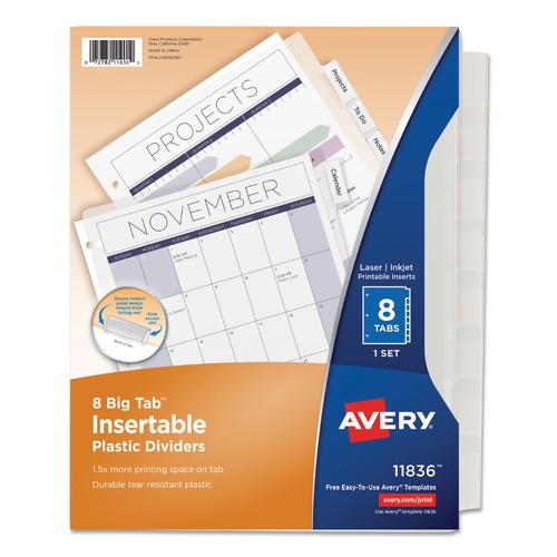  | Avery 11836 Insertable 8-Tab 11 in. x 8.5 in. Big Tab Plastic Dividers - Clear (1 Set) image number 0