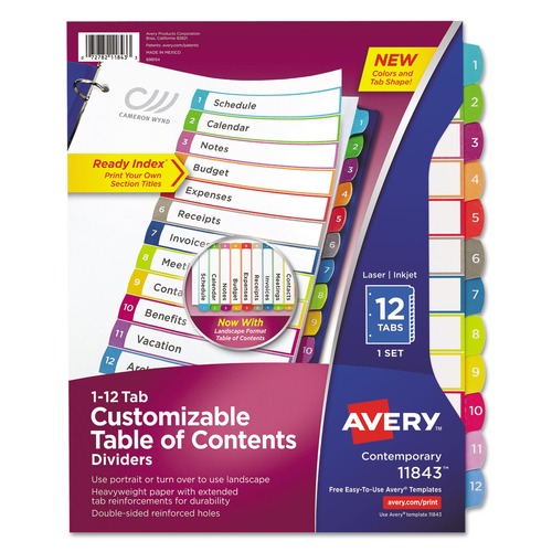 Office Jansan | Avery 11843 1 - 12 Tab 11 in. x 8.5 in. Customizable TOC Ready Index Divider Set - Multicolor (1 Set) image number 0