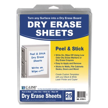 C-Line 8.5 in. x 11 in. Laminated Paperboard Surface Self-Stick Dry Erase Sheets - White (25/Box)