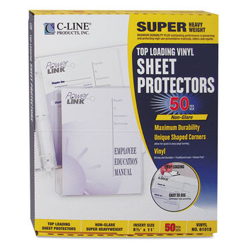 C-Line 61018 8.5 in. x 11 in. 2 in. Sheet Capacity Nonglare Super Heavyweight Vinyl Sheet Protectors - Clear (50/Box)