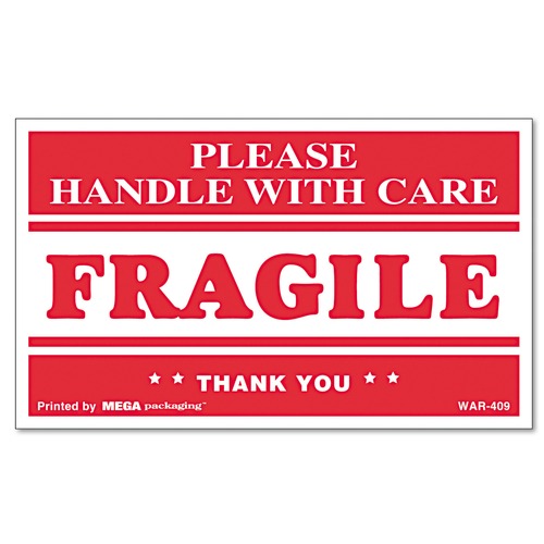 Universal UNV308383 Printed Message Self-Adhesive 3 in. x 5 in. 'FRAGILE Handle with Care' Shipping Labels - Red/Clear (500-Piece/Roll) image number 0