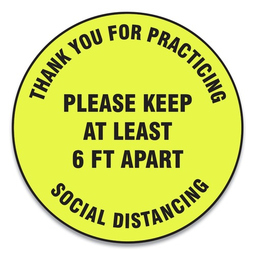 Office Jansan | GN1 MFS427ESP 17 in. Circle "Thank You For Practicing Social Distancing Please Keep At Least 6 ft. Apart" Slip-Gard Floor Signs - Yellow (25/Pack) image number 0