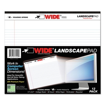 Roaring Spring 74500 Wide Landscape Format Writing Pad, Medium/college Rule, 11 X 9.5, White, 40 Sheets