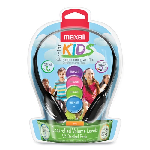 Electronic Adapters & Chargers | Maxell 195004 Kids Safe 4 ft. Cord Headphones with Inline Microphone - Black with Interchangeable Pink/Blue/Silver Caps image number 0