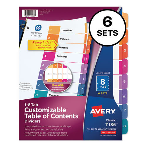 Office Jansan | Avery 11186 11 x 8.5 Customizable TOC Ready Index Multicolor 8-Tab Dividers - White/Traditional Color Tabs (6/Pack) image number 0
