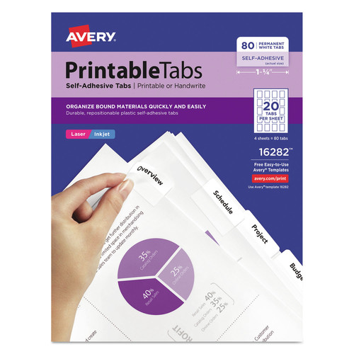 Office Jansan | Avery 16282 1.75 in. Wide 1/5-Cut Printable Plastic Tabs with Repositionable Adhesive - White (80/Pack) image number 0