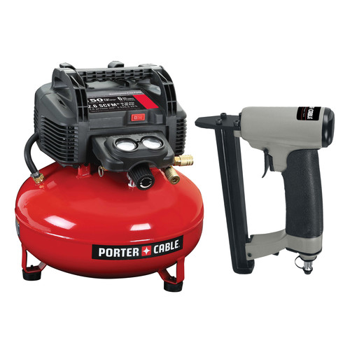 Compressor Combo Kits | Porter-Cable C2002-US58 0.8 HP 6 Gallon Oil-Free Pancake Air Compressor and 22 Gauge 3/8 in. Upholstery Stapler Bundle image number 0