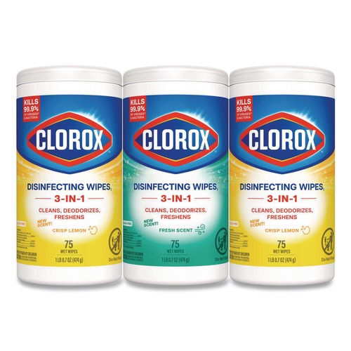 Hand Wipes | Clorox 30208 7 in. x 8 in. 1-Ply Disinfecting Wipes - Fresh Scent/Citrus Blend, White (75/Canister, 3 Canisters/Pack) image number 0