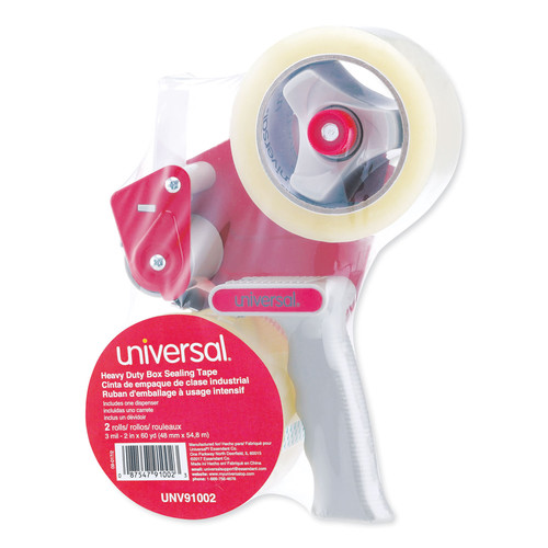 Universal UNV91002 1.88 in. x 60 yds, 3 in. Core, Heavy-Duty Box Sealing Tape with Pistol Grip Dispenser - Clear (2 Rolls/Pack) image number 0