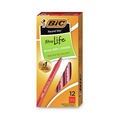Office Jansan | BIC GSM11 RED Round Stic Xtra Life Medium 1 mm. Stick Ballpoint Pen - Red Ink/Translucent Red Barrel (1-Dozen) image number 0