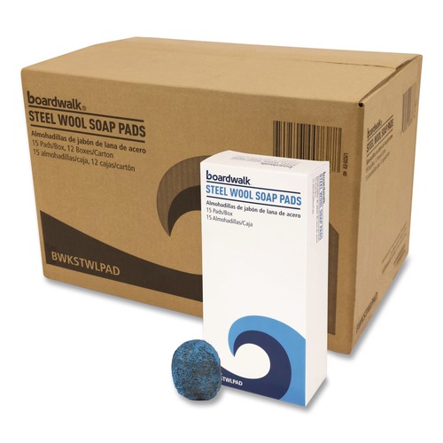 Cleaning Cloths | Boardwalk 96130-M-BWK 3 in. x 2.5 in. Steel Wool Soap Pads - Blue (12 Boxes/Carton) image number 0