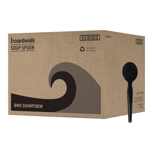 Cutlery | Boardwalk BWKSSHWPSBIW Wrapped Heavyweight Polystyrene Soup Spoons - Black (1000/Carton) image number 0