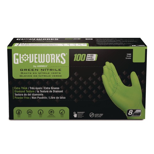 Disposable Gloves | Ammex GWGN44100 8 mil Heavy-Duty Industrial Powder-Free Nitrile Gloves - Medium, Green (1000/Carton) image number 0