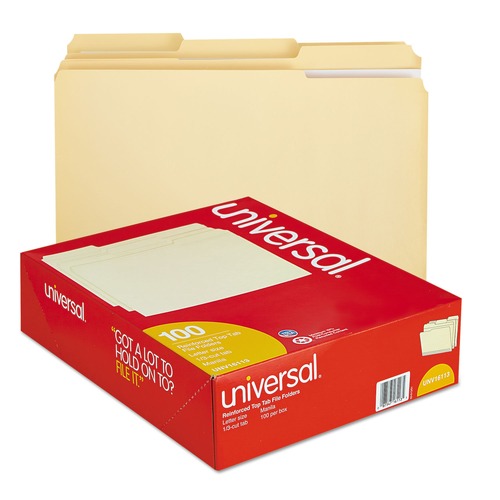 Universal UNV16113EE 2-Ply 1/3-Cut Top Tab Letter Size File Folders - Manila (100/Box) image number 0