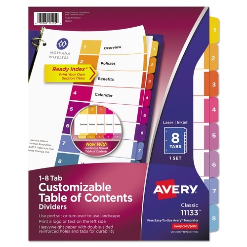 Office Jansan | Avery 11133 Ready Index 11 in. x 8.5 in. 8-Tab 1 to 8 Customizable TOC Multicolor Tab Dividers - White/Traditional Color Tabs (1-Set) image number 0
