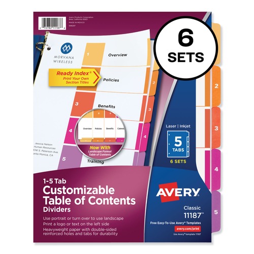 Office Jansan | Avery 11187 Ready Index 11 in. x 8.5 in. 5-Tab 1 to 5 Customizable TOC Dividers - Multicolor Tabs/White (6/Pack) image number 0