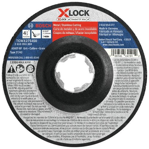Grinding Wheels | Bosch TCWX27S450 X-LOCK Arbor Type 27A (ISO 42) 60 Grit Fast Metal/Stainless Cutting 4-1/2 in. x .045 in. Abrasive Wheel image number 0