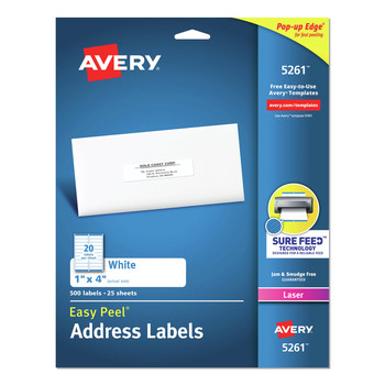 Avery 05261 Sure Feed 1 in. x 4 in. Easy Peel Address Labels - White (25 Sheets/Pack, 20/Sheet)
