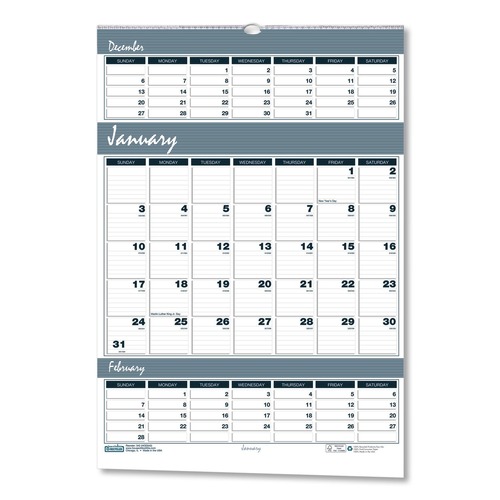 Calendars & Planners | House of Doolittle 343 14-Month: Dec 2025 to Jan 2027 15.5 in. x 22 in. Bar Harbor Recycled Wirebound 3-Months-Per-Page Wall Calendar - White/Blue/Gray image number 0