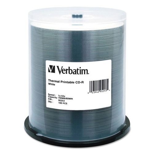 Office Electronics & Batteries | Verbatim 95253 700 MB/80 min 52x CD-R DataLifePlus Printable Recordable Disc - White (100/Pack) image number 0