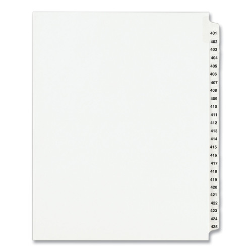 Office Jansan | Avery 01346 11 in. x 8.5 in. 25-Tab 401 to 425 Avery Style Preprinted Legal Exhibit Side Tab Index Dividers - White (1-Set) image number 0