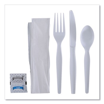 Boardwalk Heavyweight Fork/Knife/Napkin/Pepper/Salt/Spoon 6-Piece Plastic Cutlery Kit - White (250/Carton)