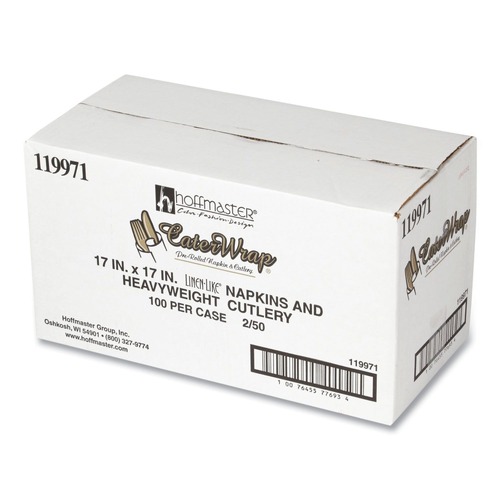 Labor Day Sale! Save $30 off $199! | Hoffmaster 119971 CaterWrap Heavyweight Plastic Fork/Knife/Napkin/Spoon Cutlery Combo Kit - Black (100/Carton) image number 0