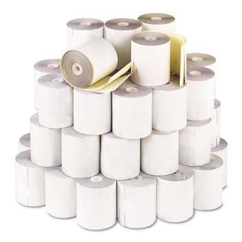 COPY AND PRINTER PAPER | PM Company 7685 3.25 in. x 80 ft. 0.69 in. Impact Printing Carbonless Paper Rolls - White/Canary (60/Carton)