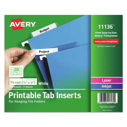 Office Jansan | Avery 11136 2 in. Wide 1/5-Cut Tabs Inserts For Hanging File Folders - White (100/Pack) image number 0