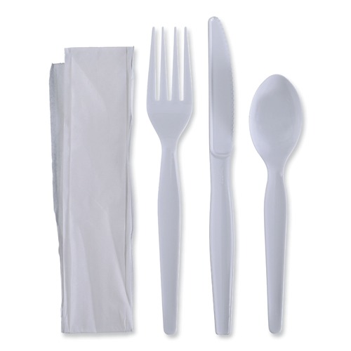 Cutlery | Boardwalk BWKFKTNHWPSWH Heavyweight Fork/Knife/Napkin/Teaspoon 4-Piece Plastic Cutlery Kit - White (250/Carton) image number 0