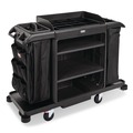 Cleaning Carts | Rubbermaid Commercial 2202527 24.4 in. x 62.4 in. x 49 in. Full-Size 3-Shelf Resin Housekeeping Cart with Accessory Bundle - Black image number 0
