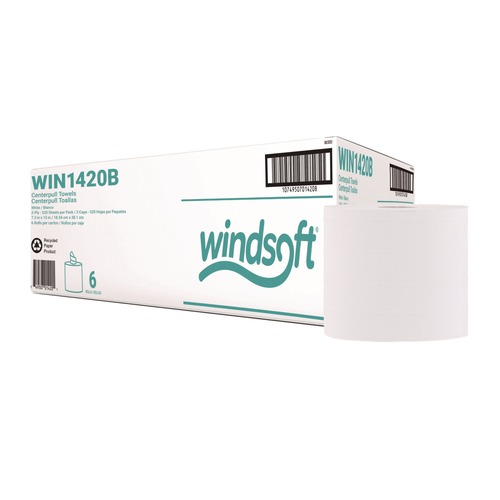 Cleaning Cloths | Windsoft WIN1420B 7.3 in. x 15 in. Center-Flow Perforated Paper Towel Roll - White (6 Rolls/Carton) image number 0