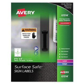 Avery 61514 Surface Safe 3.5 in. x 5 in. Inkjet/Laser Printers Removable Label Safety Signs - White (60/Pack)