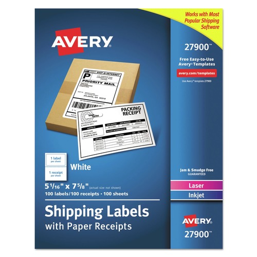  | Avery 27900 5.06 in. x 7.63 in. Inkjet/Laser Printers Shipping Labels with Paper Receipt Bulk Pack - White (100/Box) image number 0