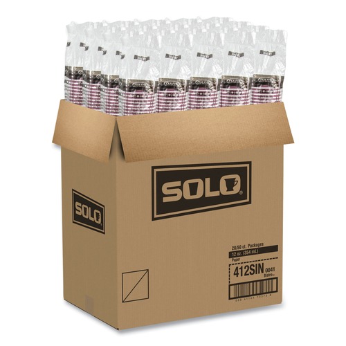 Food Service | SOLO 412SIN-0041 12 oz. Paper Hot Drink Cups in Bistro Design - Maroon (50/Pack) image number 0