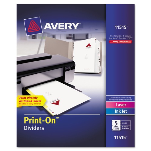 Office Jansan | Avery 11515 Print-On 11 in. x 8.5 in. 5-Tab 3-Hole Customizable Punched Dividers - White (5/Pack) image number 0
