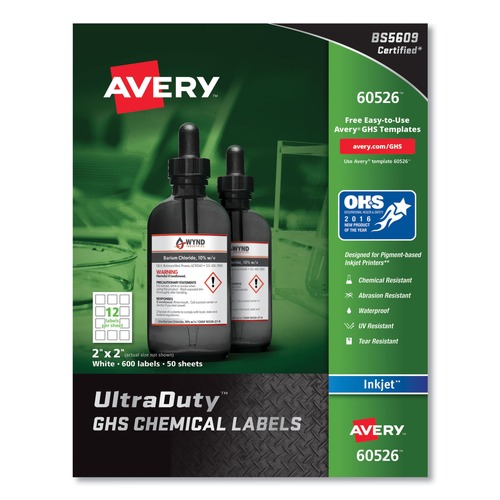  | Avery 60526 2 in. x 2 in. UltraDuty GHS Chemical Waterproof and UV Resistant Labels - White (12/Sheet, 50 Sheets/Pack) image number 0