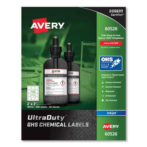 Office Jansan | Avery 60526 UltraDuty 2 in. x 2 in. GHS Chemical Waterproof and UV Resistant Labels - White (600/Pack) image number 0