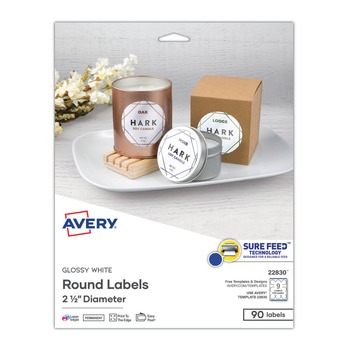 Avery 2.5 in. Diameter Print-to-the Edge Labels with SureFeed - Round Glossy White (90/Pack)