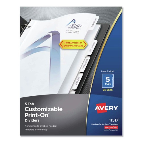  | Avery 11517 Print-On 11 in. x 8.5 in. 5-Tab 3-Hole Customizable Punched Dividers - White (125/Pack) image number 0