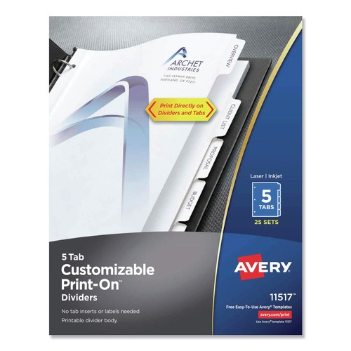 Office Jansan | Avery 11517 Print-On 11 in. x 8.5 in. 5-Tab 3-Hole Customizable Punched Dividers - White (125/Pack) image number 0