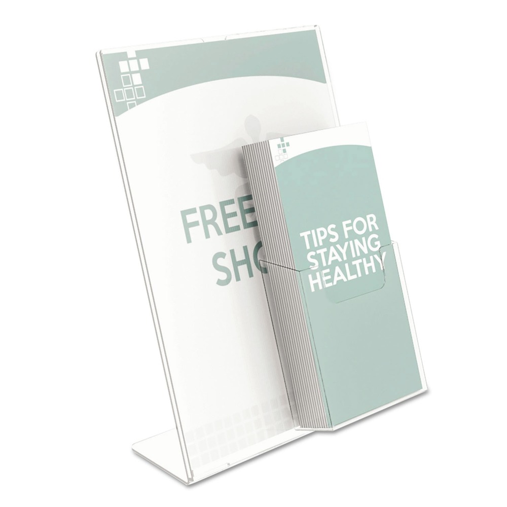 deflecto 590501 9 x 4.5 x 10.75 Slanted Sign Holder w/Front Pocket - Clear New - Picture 4 of 8