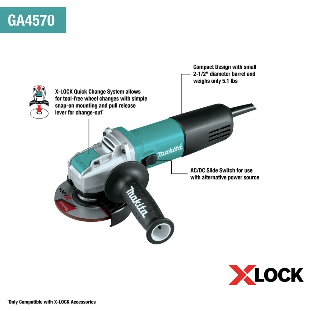 Makita GA4570-R 4-1/2" X-LOCK Winkelschleifer, AC/DC-Schalter zertifiziert generalüberholt - Bild 2 von 6