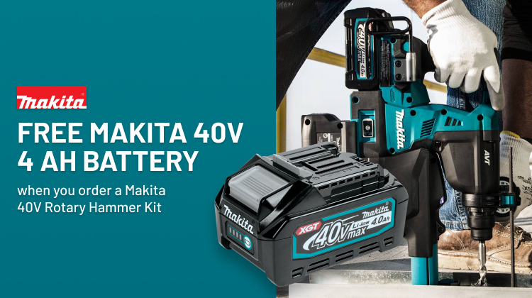 FREE Makita 40V 4 Ah Battery when you order a Makita 40V Rotary Hammer Kit 