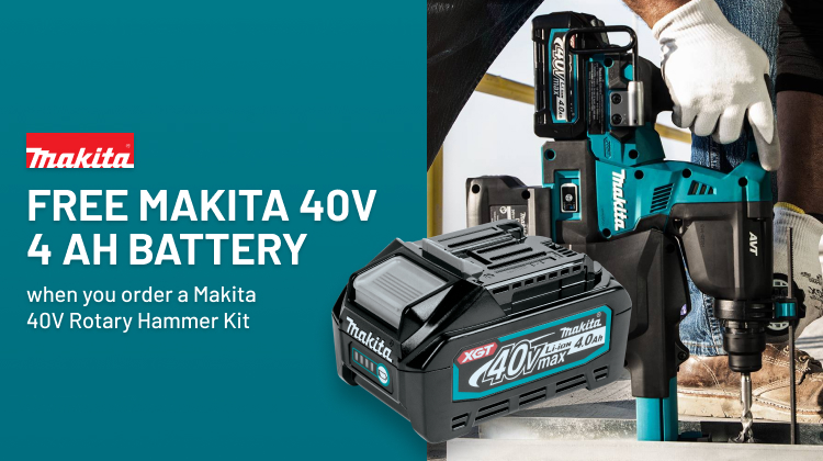FREE Makita 40V 4 Ah Battery when you order a Makita 40V Rotary Hammer Kit FREE Makita 40V 4 Ah Battery when you order a Makita 40V Rotary Hammer Kit