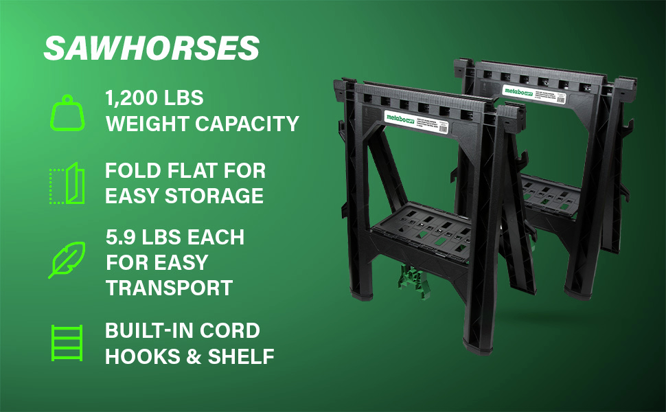 Sawhorses Holds up to 1,200 lbs., lightweight at only 5.9 lbs. each, with cord hooks and shelf included.