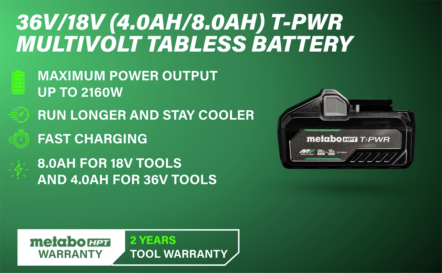 36V/18V T-PWR MultiVolt Tabless Battery Delivers up to 2,160W with fast charging and cool operation for longer use.